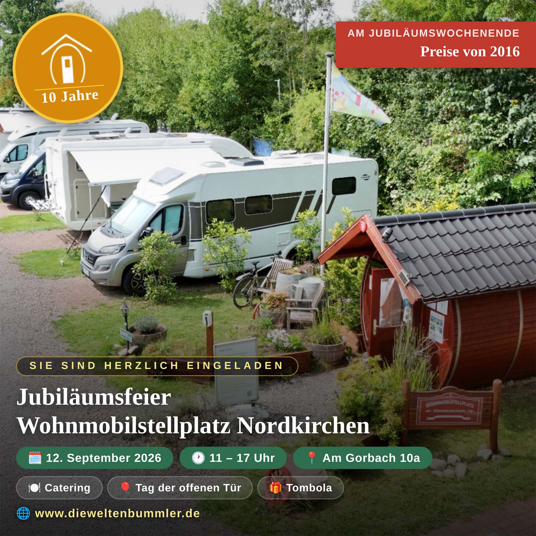 Einladung zum 10. Jubiläum des Wohnmobilstellplatzes Nordkirchen Einladung zum 10. Jubiläum des Wohnmobilstellplatzes Nordkirchen