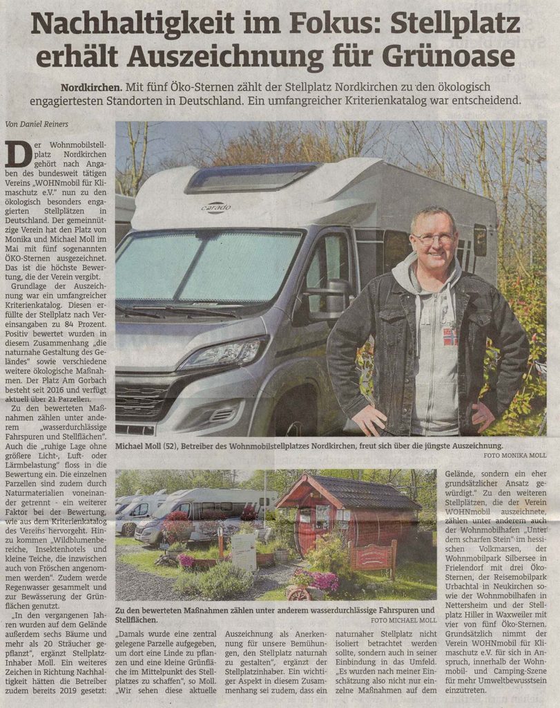 Fünf Öko-Sterne für den Wohnmobilstellplatz Nordkirchen