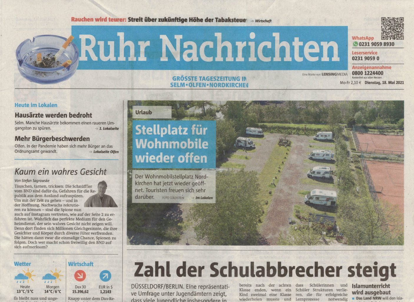 Ruhrnachrichten (Titelseite) vom 18. Mai 2021